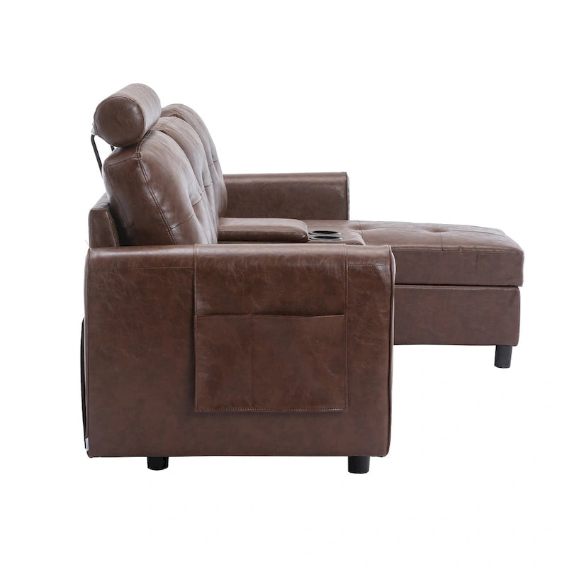 Canapé convertible d'angle capitonné en velours/PU/tissu avec rangement