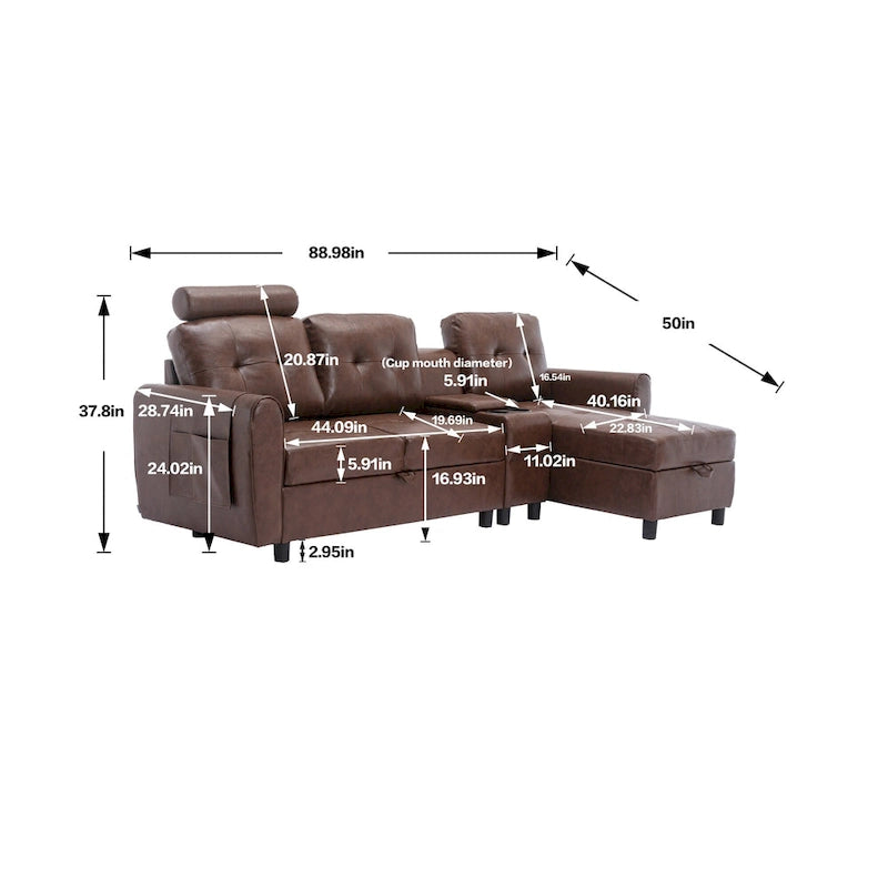 Canapé convertible d'angle capitonné en velours/PU/tissu avec rangement