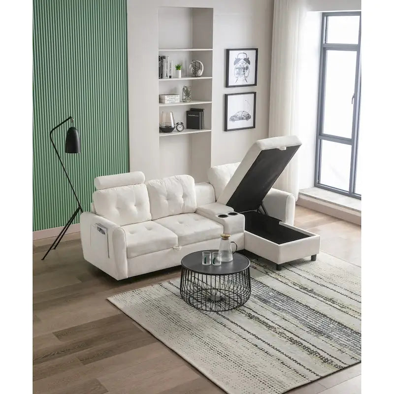 Canapé convertible d'angle capitonné en velours/PU/tissu avec rangement