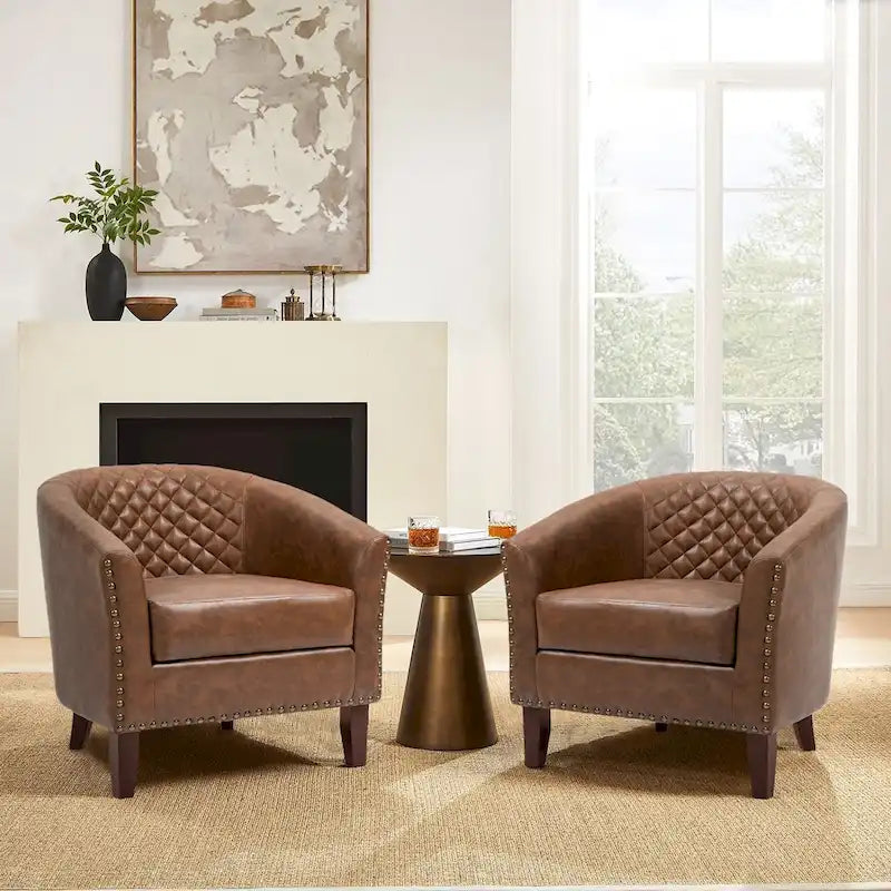 2 Fauteuils d'appoint en cuir végétalien de style tonneau avec garniture cloutée