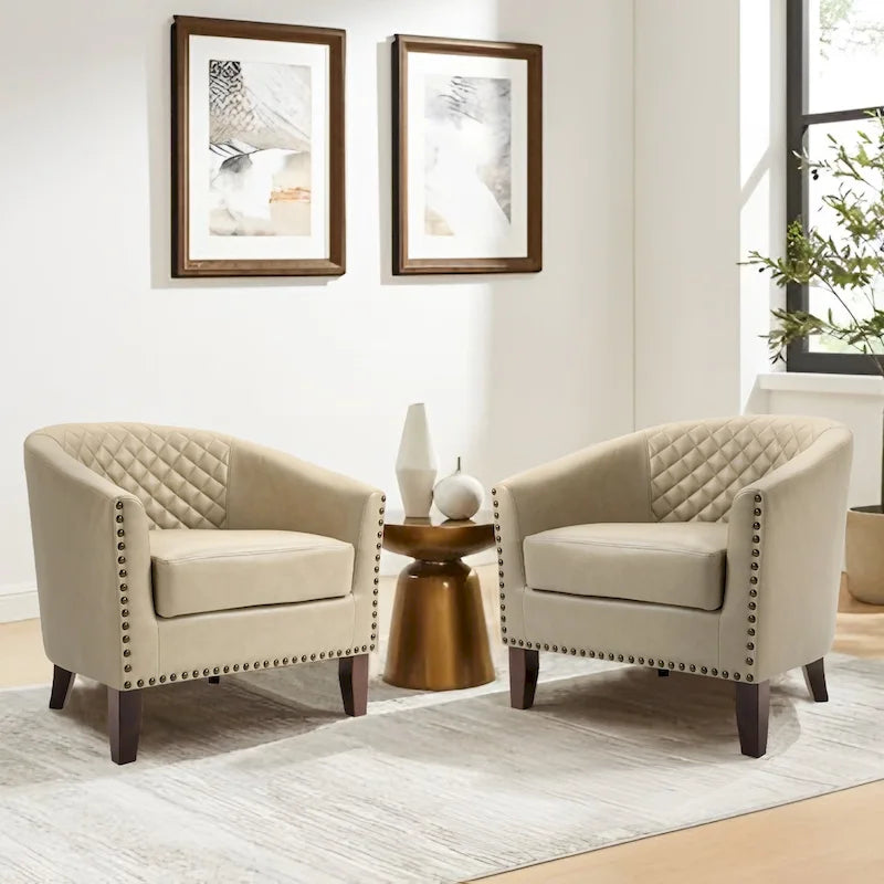 2 Fauteuils d'appoint en cuir végétalien de style tonneau avec garniture cloutée
