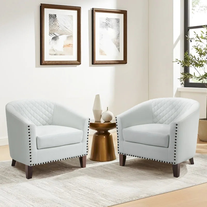 2 Fauteuils d'appoint en cuir végétalien de style tonneau avec garniture cloutée