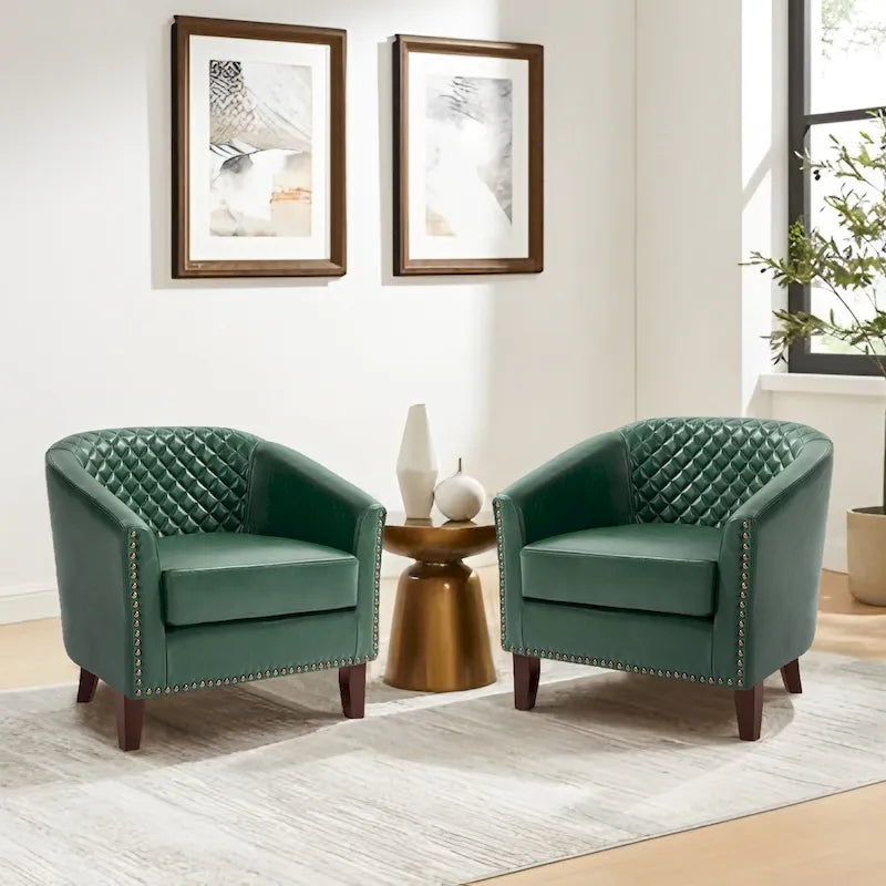 2 Fauteuils d'appoint en cuir végétalien de style tonneau avec garniture cloutée
