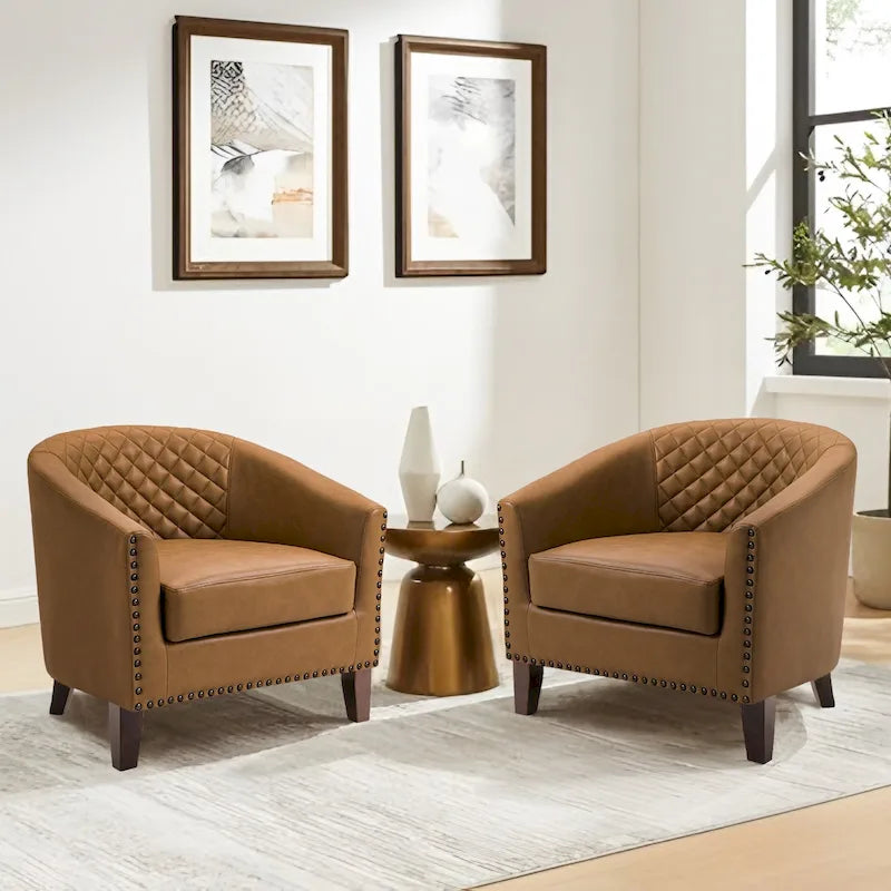 2 Fauteuils d'appoint en cuir végétalien de style tonneau avec garniture cloutée