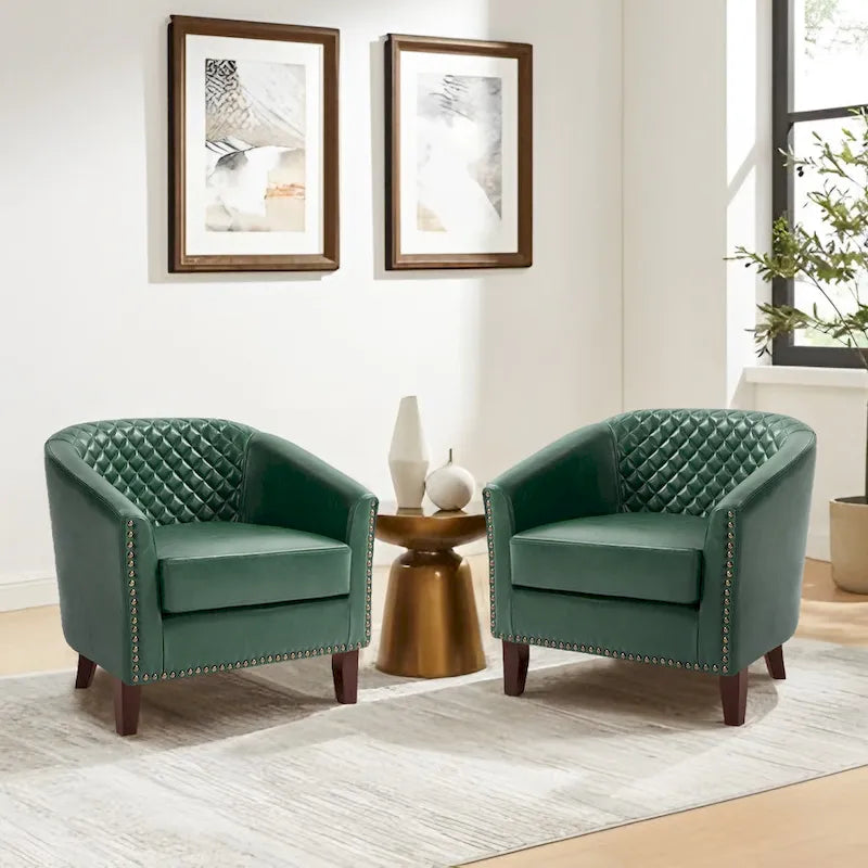2 Fauteuils d'appoint en cuir végétalien de style tonneau avec garniture cloutée
