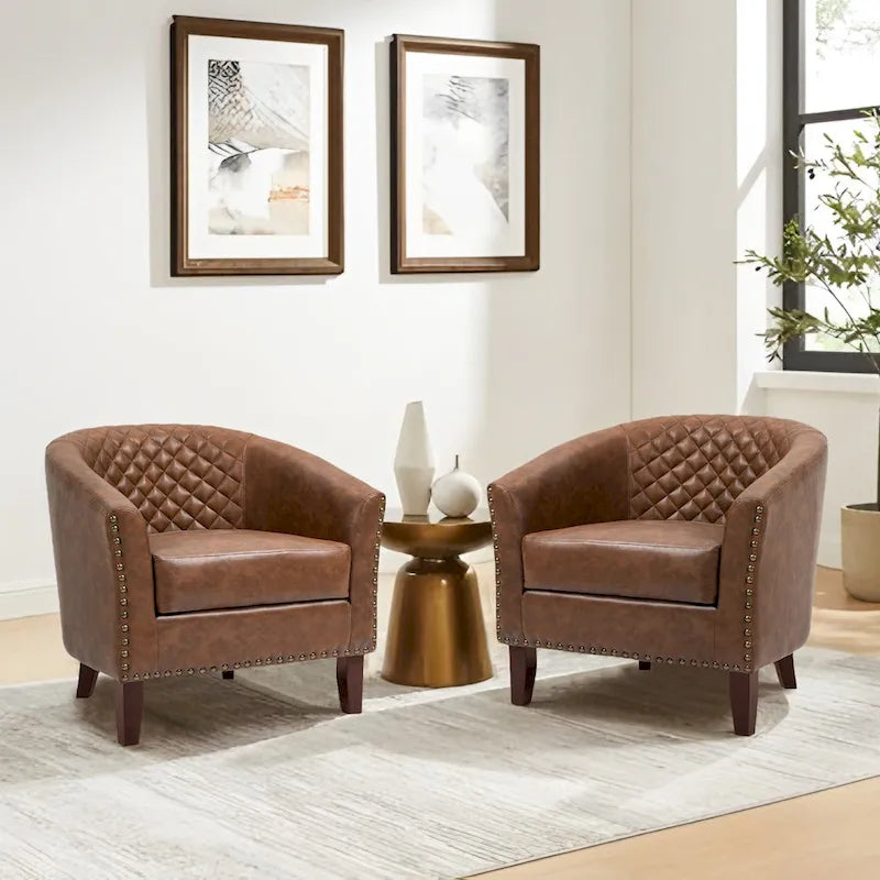 2 Fauteuils d'appoint en cuir végétalien de style tonneau avec garniture cloutée