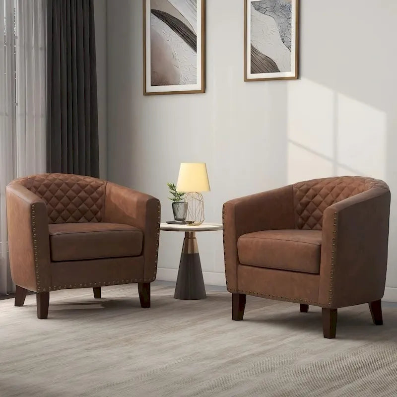 2 Fauteuils d'appoint en cuir végétalien de style tonneau avec garniture cloutée