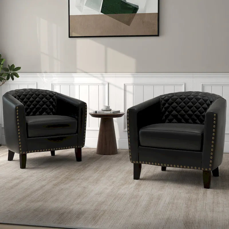 2 Fauteuils d'appoint en cuir végétalien de style tonneau avec garniture cloutée