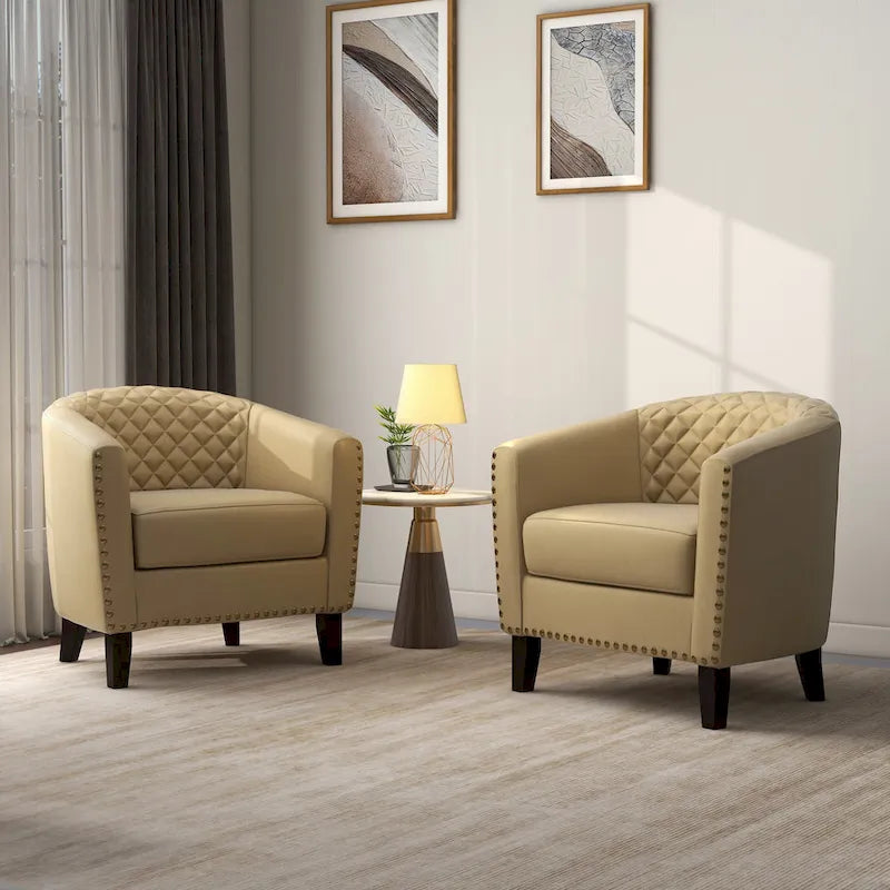 2 Fauteuils d'appoint en cuir végétalien de style tonneau avec garniture cloutée