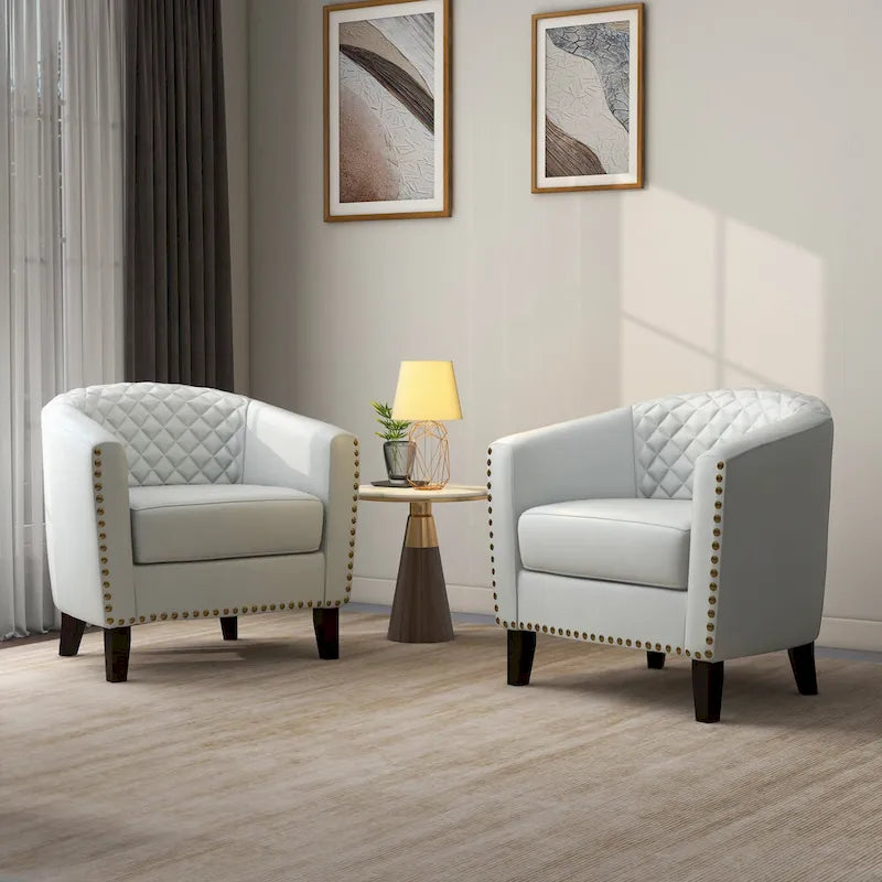 2 Fauteuils d'appoint en cuir végétalien de style tonneau avec garniture cloutée