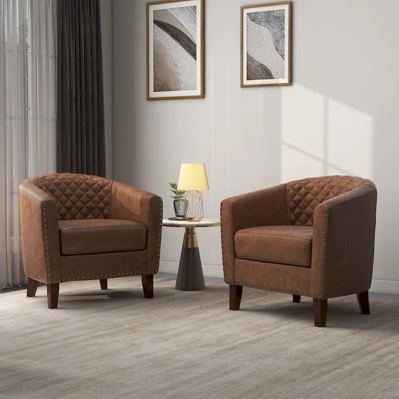 2 Fauteuils d'appoint en cuir végétalien de style tonneau avec garniture cloutée