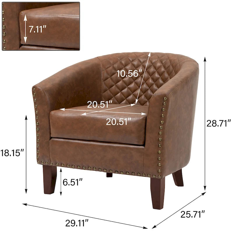 2 Fauteuils d'appoint en cuir végétalien de style tonneau avec garniture cloutée