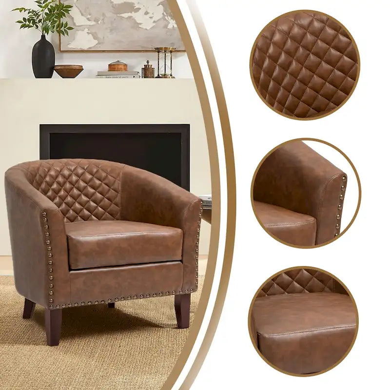 2 Fauteuils d'appoint en cuir végétalien de style tonneau avec garniture cloutée