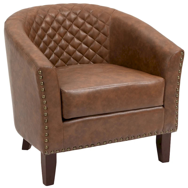 2 Fauteuils d'appoint en cuir végétalien de style tonneau avec garniture cloutée