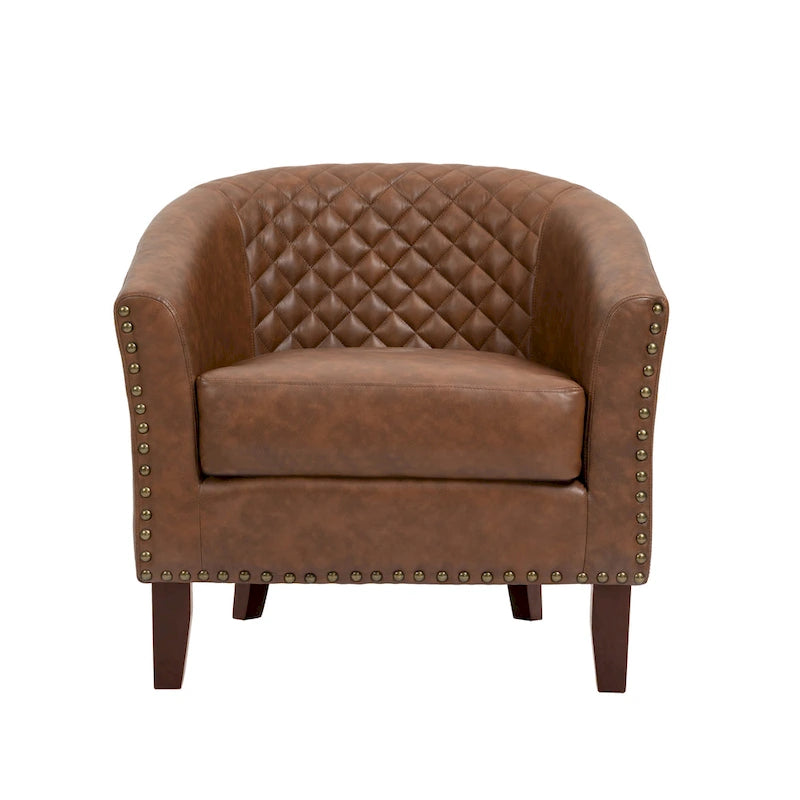 2 Fauteuils d'appoint en cuir végétalien de style tonneau avec garniture cloutée