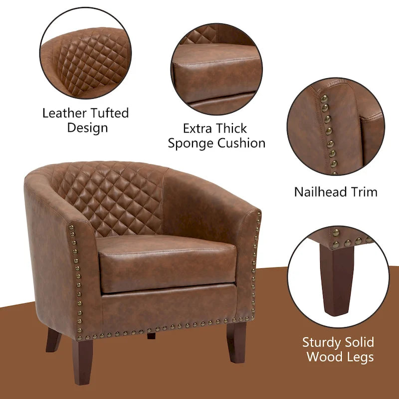2 Fauteuils d'appoint en cuir végétalien de style tonneau avec garniture cloutée