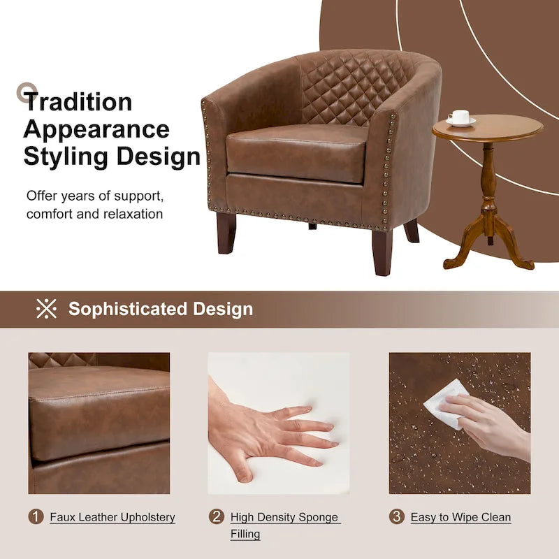 2 Fauteuils d'appoint en cuir végétalien de style tonneau avec garniture cloutée