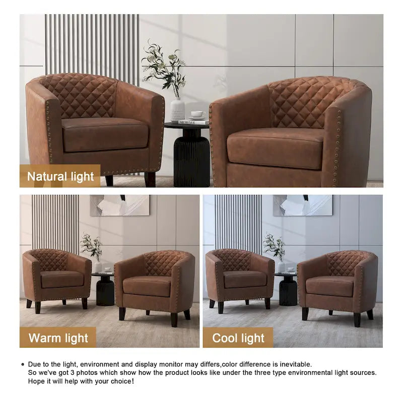 2 Fauteuils d'appoint en cuir végétalien de style tonneau avec garniture cloutée
