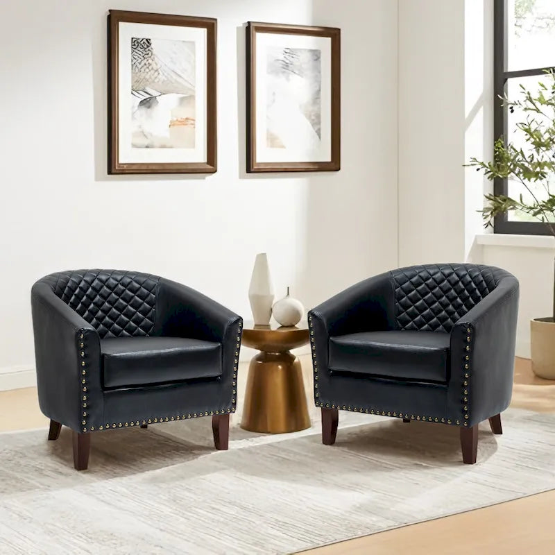 2 Fauteuils d'appoint en cuir végétalien de style tonneau avec garniture cloutée