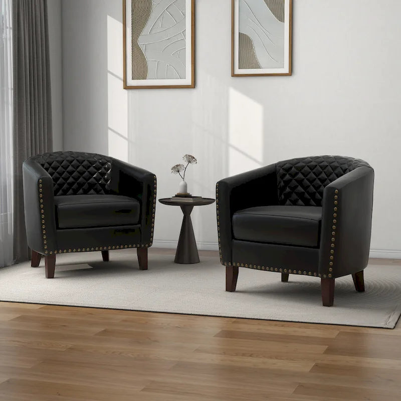 2 Fauteuils d'appoint en cuir végétalien de style tonneau avec garniture cloutée