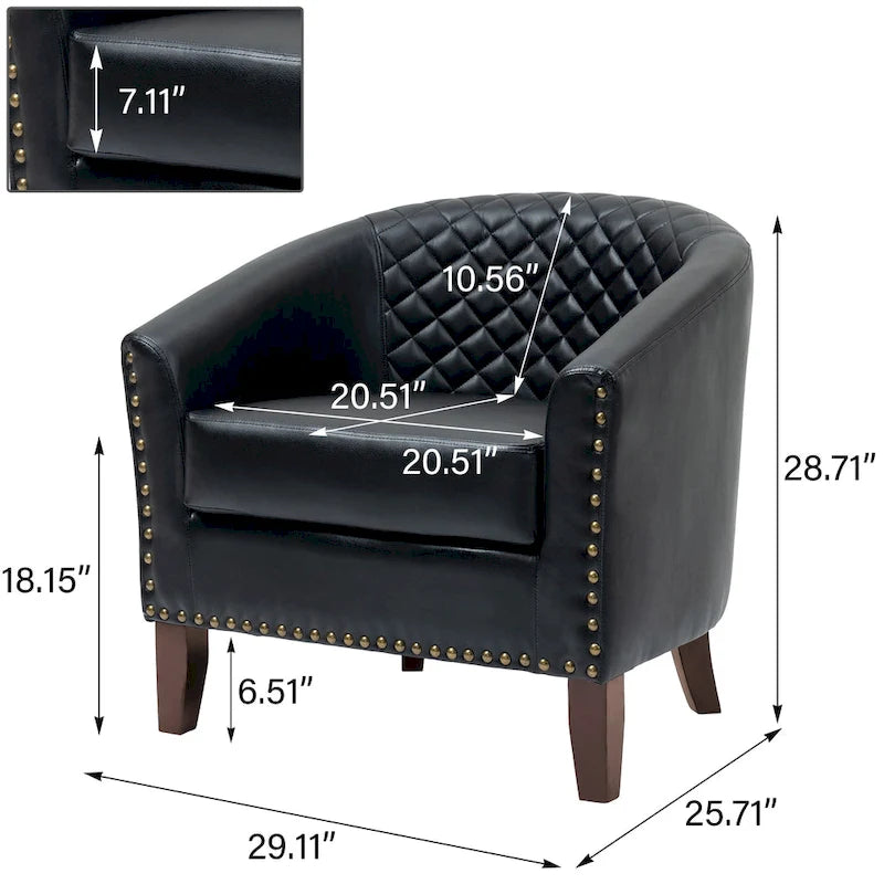 2 Fauteuils d'appoint en cuir végétalien de style tonneau avec garniture cloutée