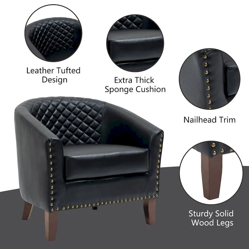 2 Fauteuils d'appoint en cuir végétalien de style tonneau avec garniture cloutée