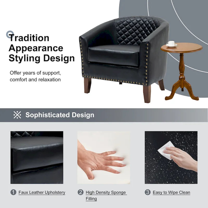 2 Fauteuils d'appoint en cuir végétalien de style tonneau avec garniture cloutée