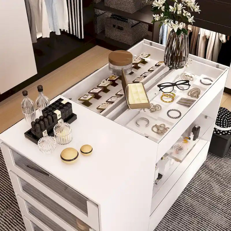 Organisateur de placard à plateau en verre, îlot de dressing blanc, commode de rangement spacieux
