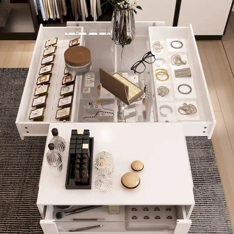 Organisateur de placard à plateau en verre, îlot de dressing blanc, commode de rangement spacieux