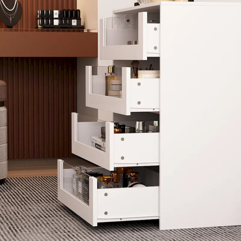 Organisateur de placard à plateau en verre, îlot de dressing blanc, commode de rangement spacieux