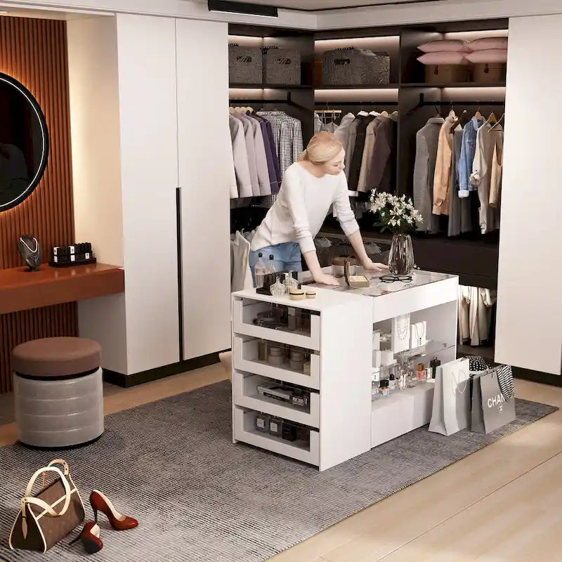 Organisateur de placard à plateau en verre, îlot de dressing blanc, commode de rangement spacieux