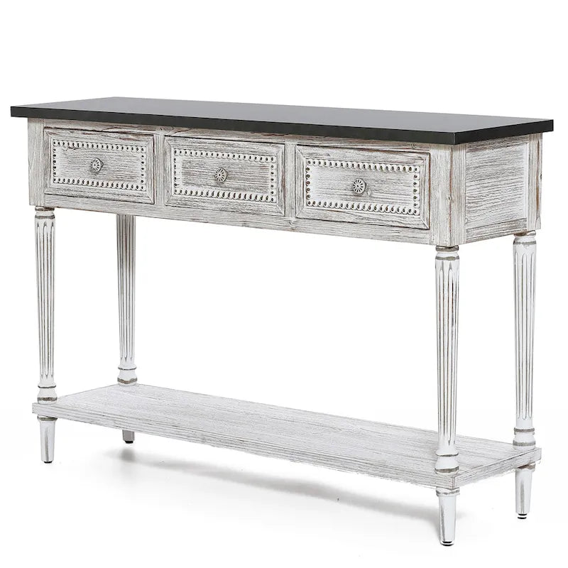 Console de ferme en bois et métal vieilli à 3 tiroirs