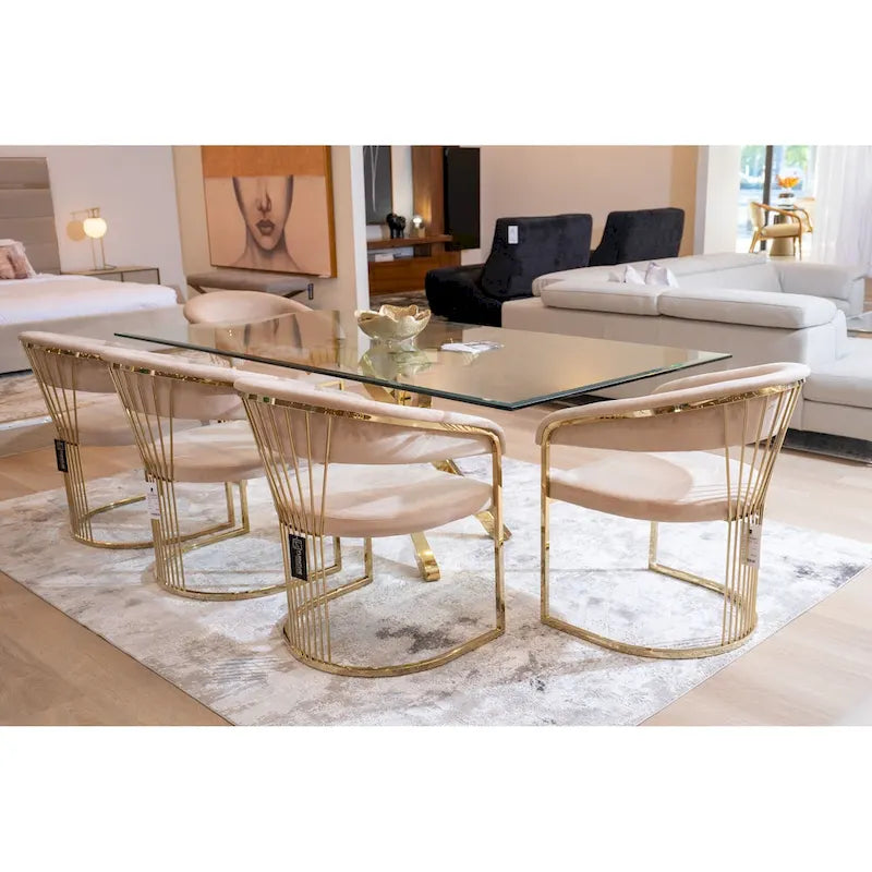 Chaise de salle à manger moderne en velours beige et or