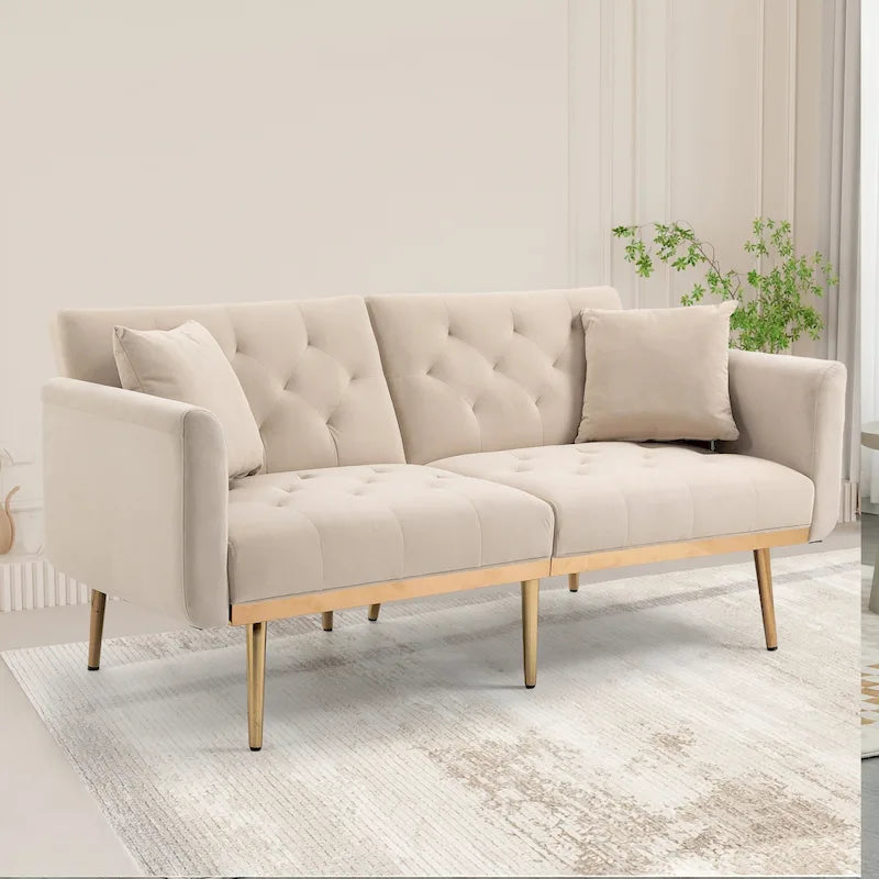 Canapé-lit double minimaliste en velours capitonné avec piètement en métal pour salon