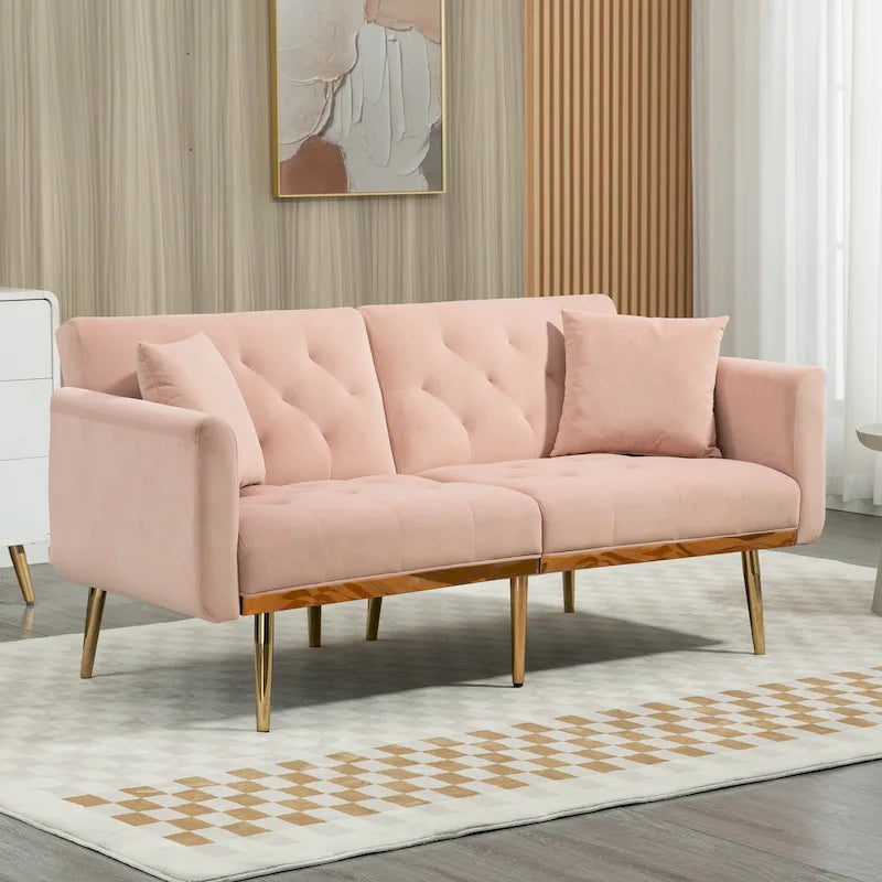 Canapé-lit double minimaliste en velours capitonné avec piètement en métal pour salon