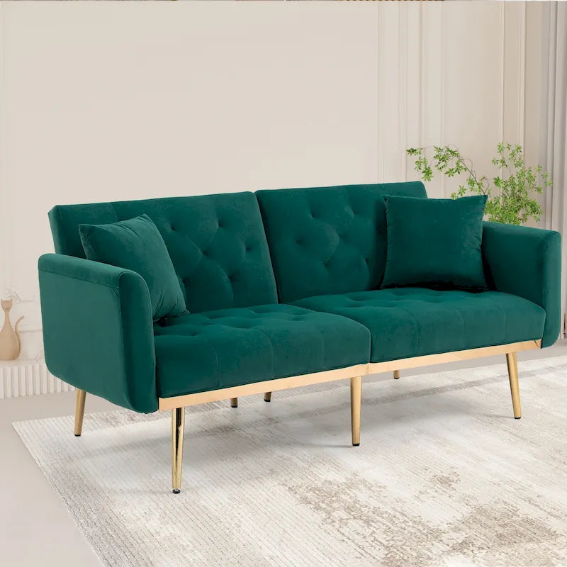 Canapé-lit double minimaliste en velours capitonné avec piètement en métal pour salon