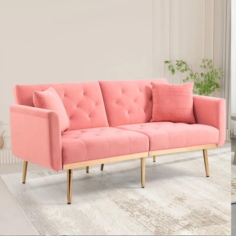 Canapé-lit double minimaliste en velours capitonné avec piètement en métal pour salon