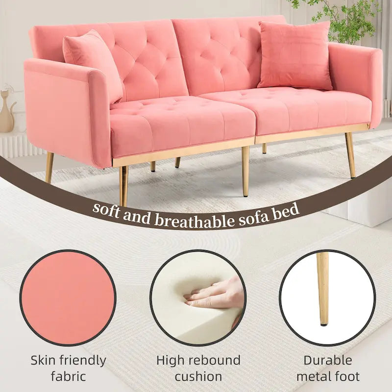 Canapé-lit double minimaliste en velours capitonné avec piètement en métal pour salon