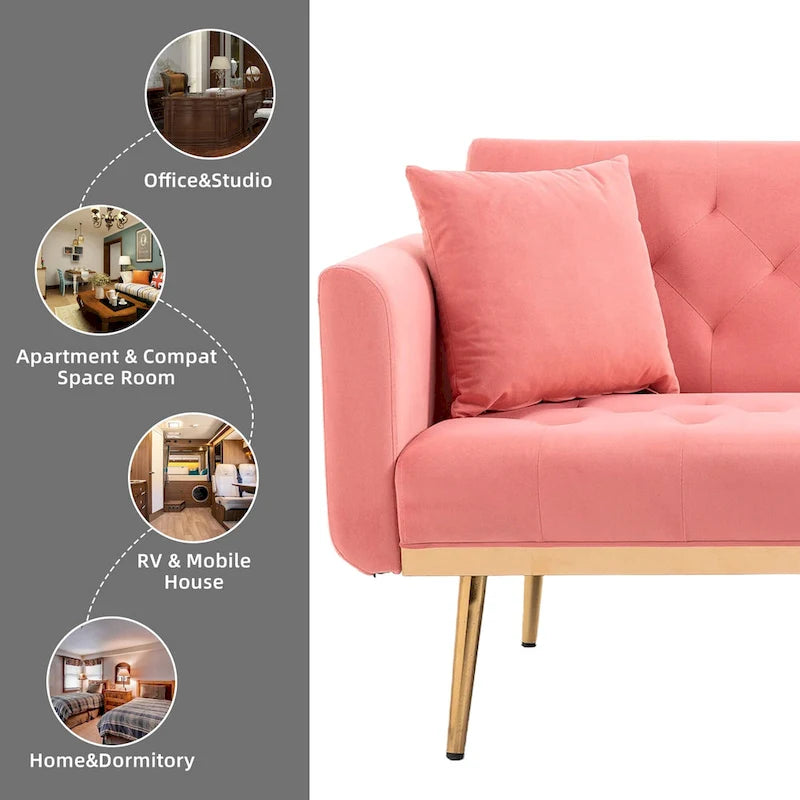 Canapé-lit double minimaliste en velours capitonné avec piètement en métal pour salon