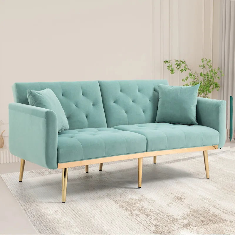 Canapé-lit double minimaliste en velours capitonné avec piètement en métal pour salon