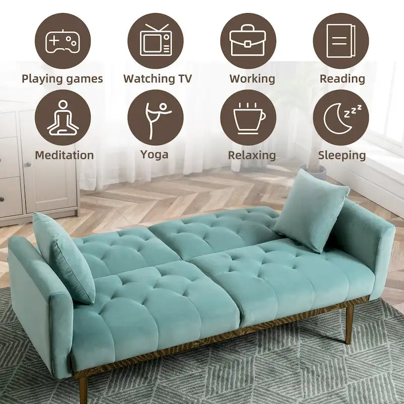 Canapé-lit double minimaliste en velours capitonné avec piètement en métal pour salon