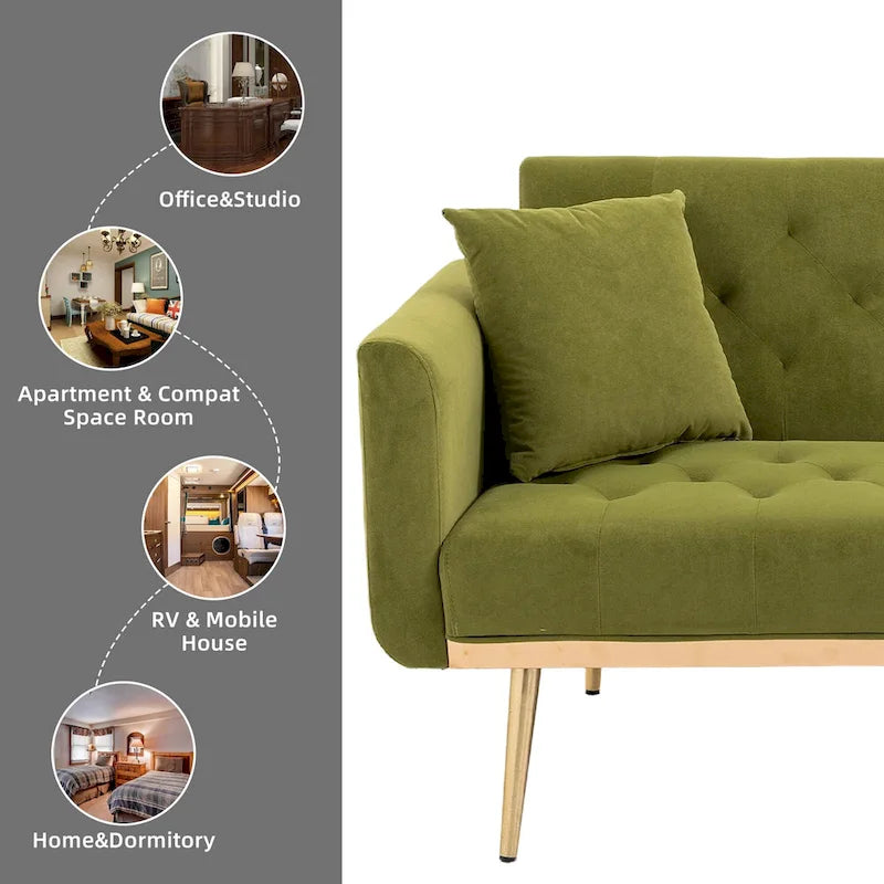 Canapé-lit double minimaliste en velours capitonné avec piètement en métal pour salon