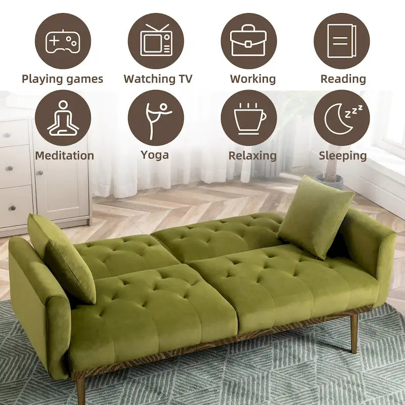 Canapé-lit double minimaliste en velours capitonné avec piètement en métal pour salon