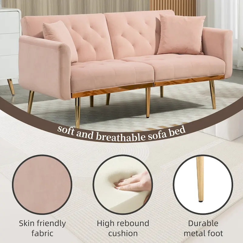 Canapé-lit double minimaliste en velours capitonné avec piètement en métal pour salon