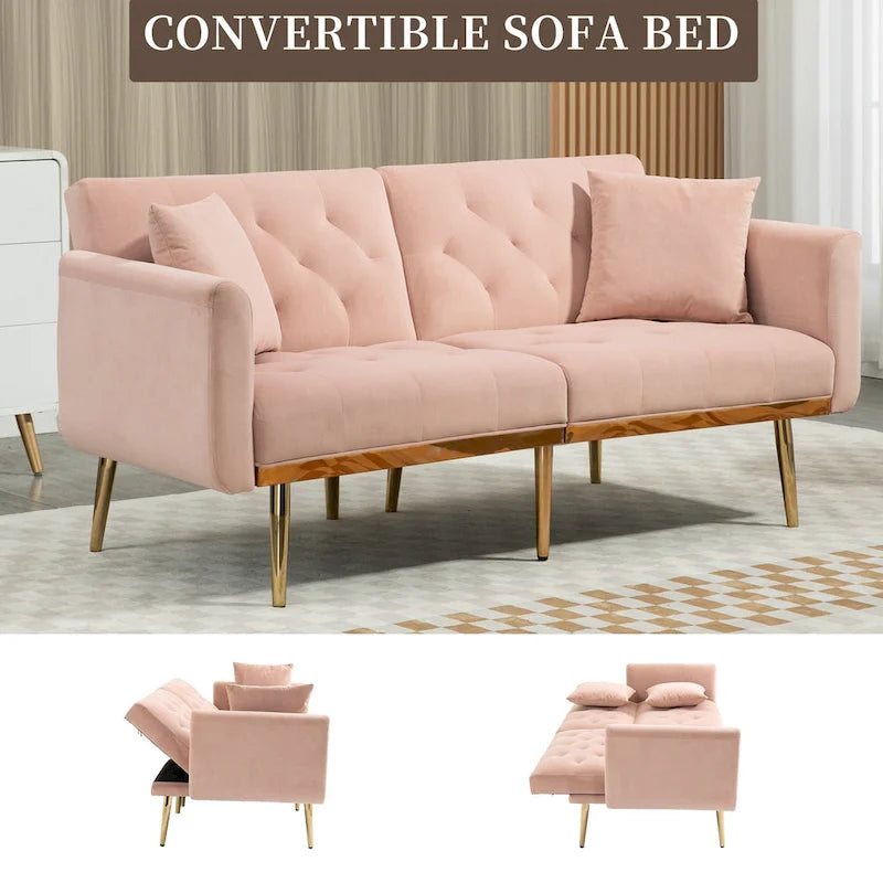 Canapé-lit double minimaliste en velours capitonné avec piètement en métal pour salon