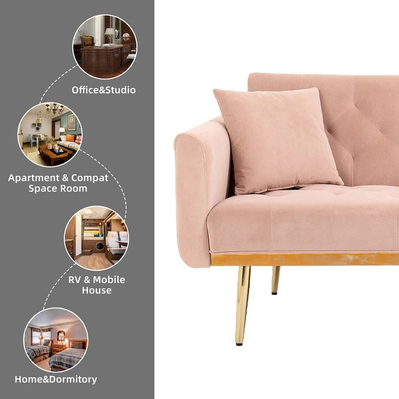 Canapé-lit double minimaliste en velours capitonné avec piètement en métal pour salon