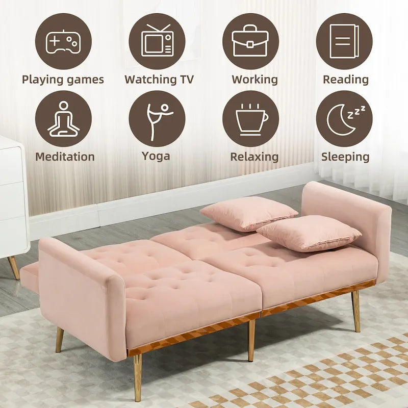 Canapé-lit double minimaliste en velours capitonné avec piètement en métal pour salon