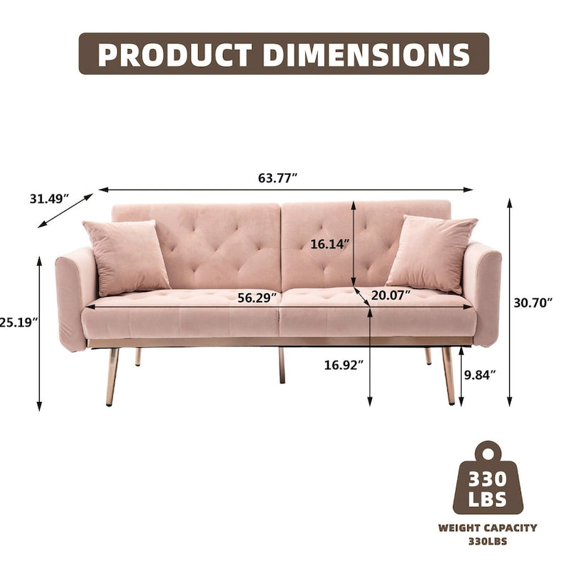 Canapé-lit double minimaliste en velours capitonné avec piètement en métal pour salon