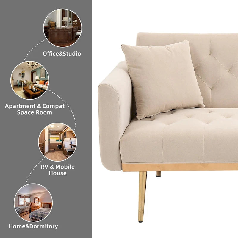Canapé-lit double minimaliste en velours capitonné avec piètement en métal pour salon