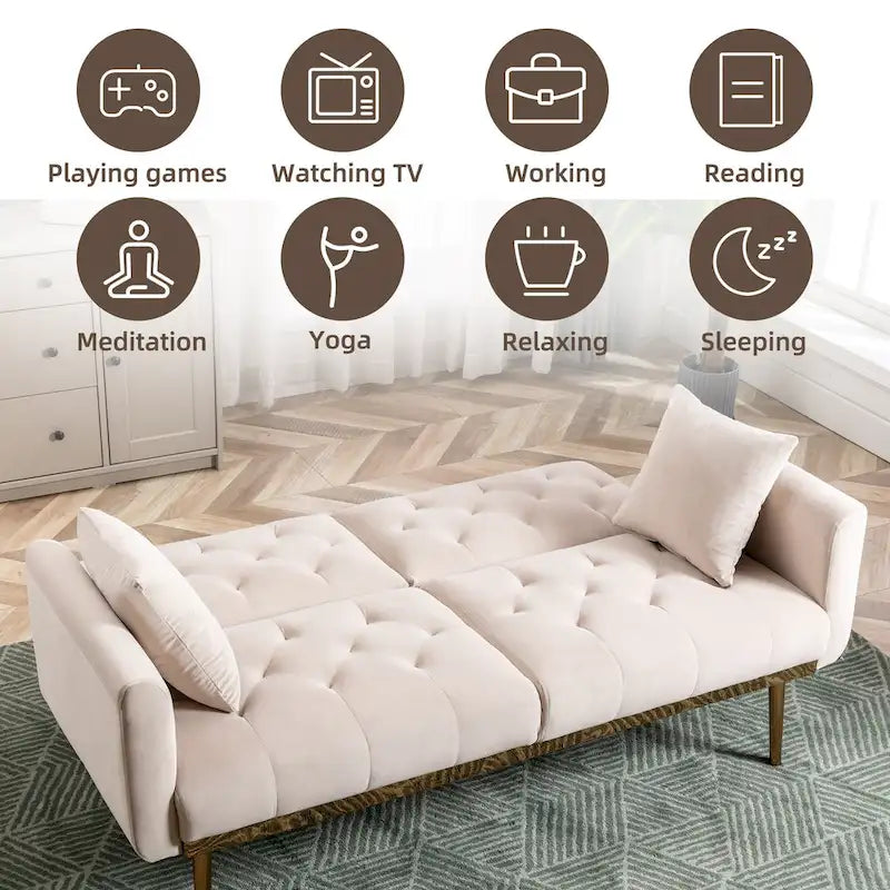 Canapé-lit double minimaliste en velours capitonné avec piètement en métal pour salon